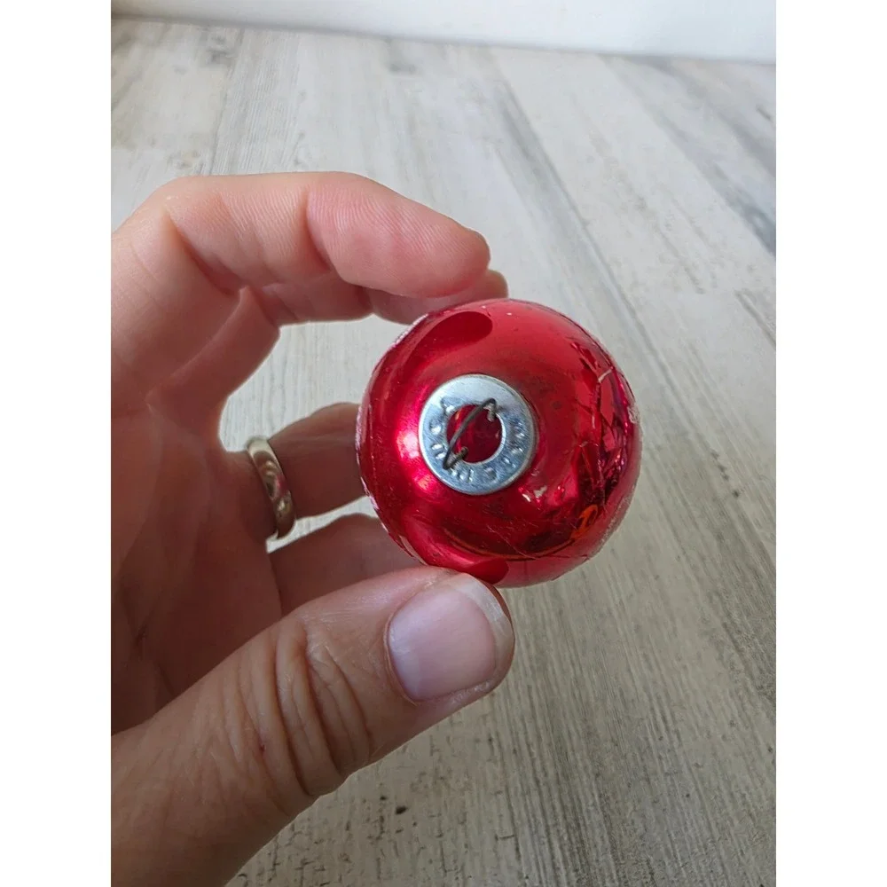 Vintage seasons greetings stencil red glass ornament Xmas tree